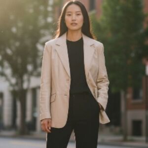 Pamela McCoy Leather Jacket Women's Large Off White Satin Lined 2-Button Blazer